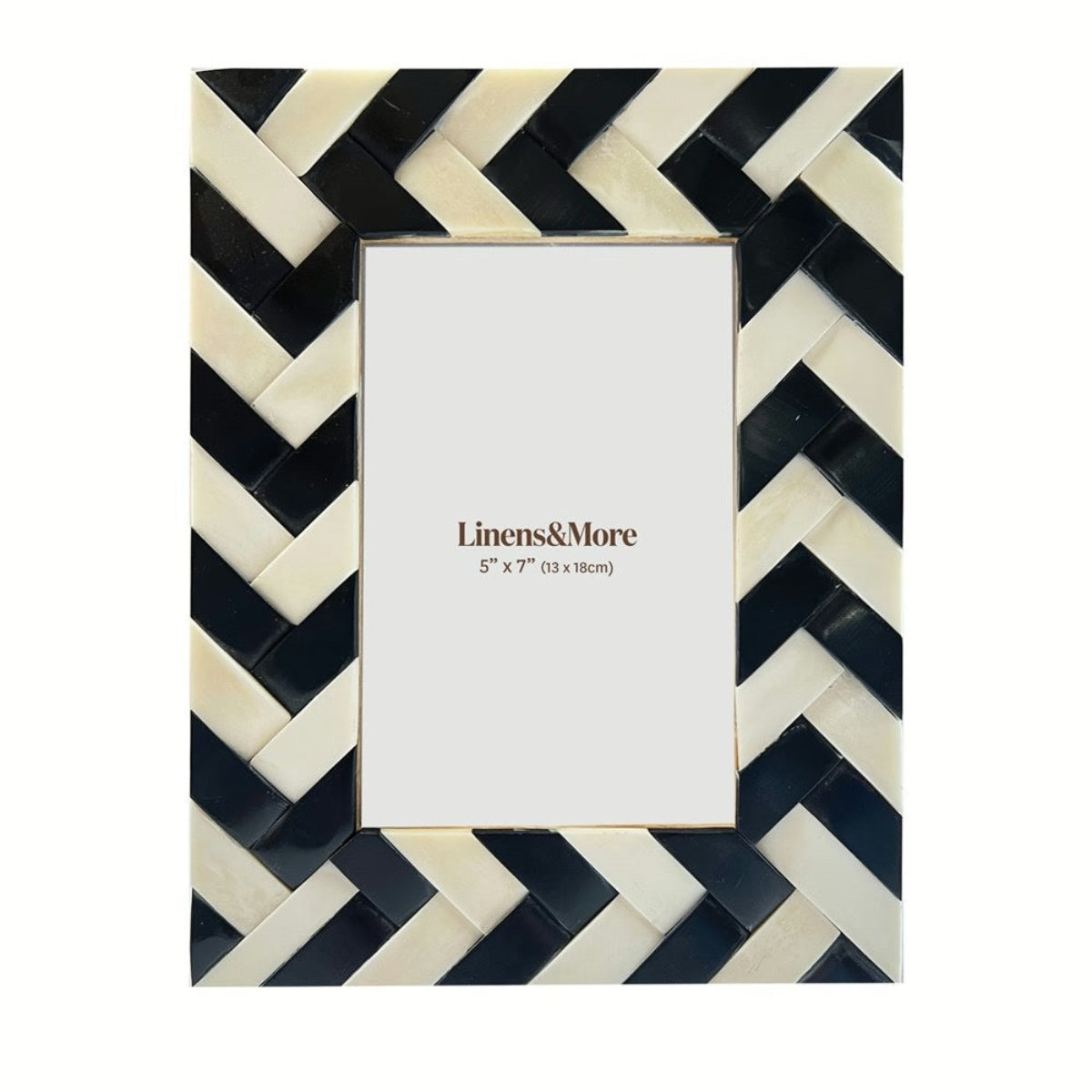Black and white chevron patterned picture frame with 'Linens&More' branding.