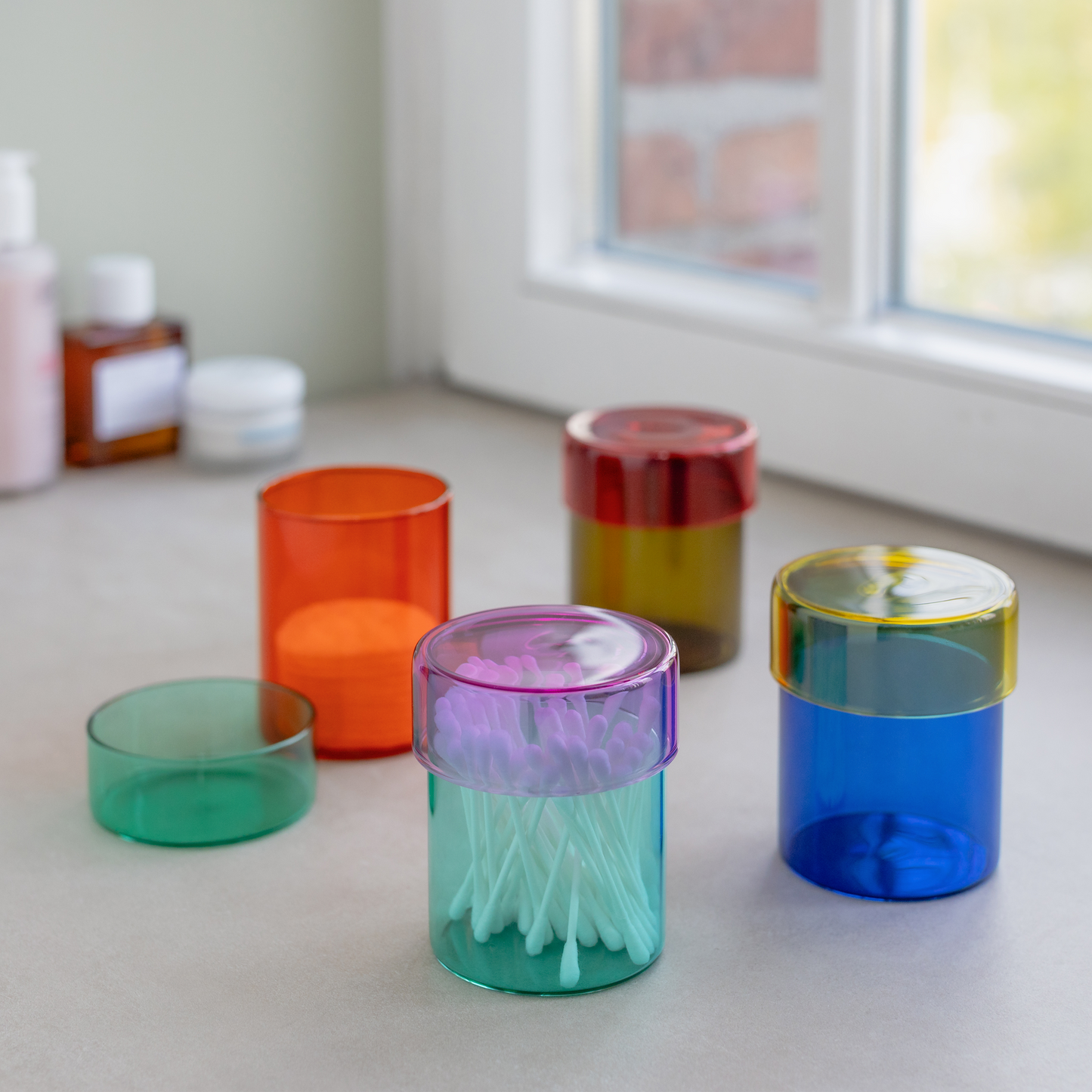 Glass jar set 'Cosima' Teal with Purple Lid