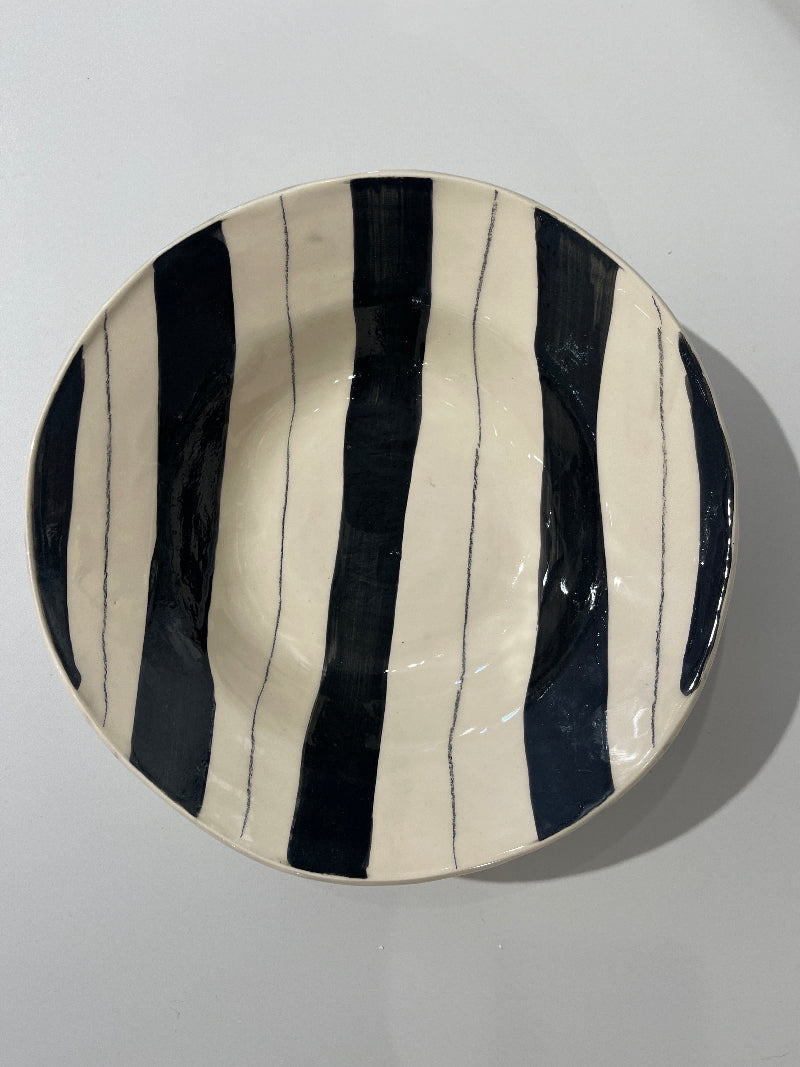Black Stripe Rustic Salad Footed Bowl