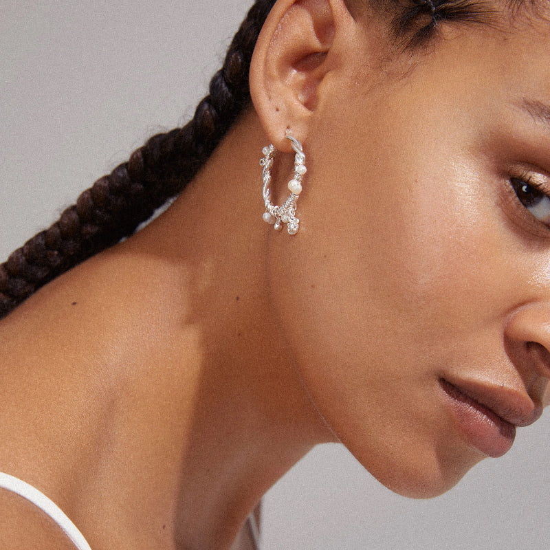 Ana Pearl & Crystal Hoops - Silver Plated