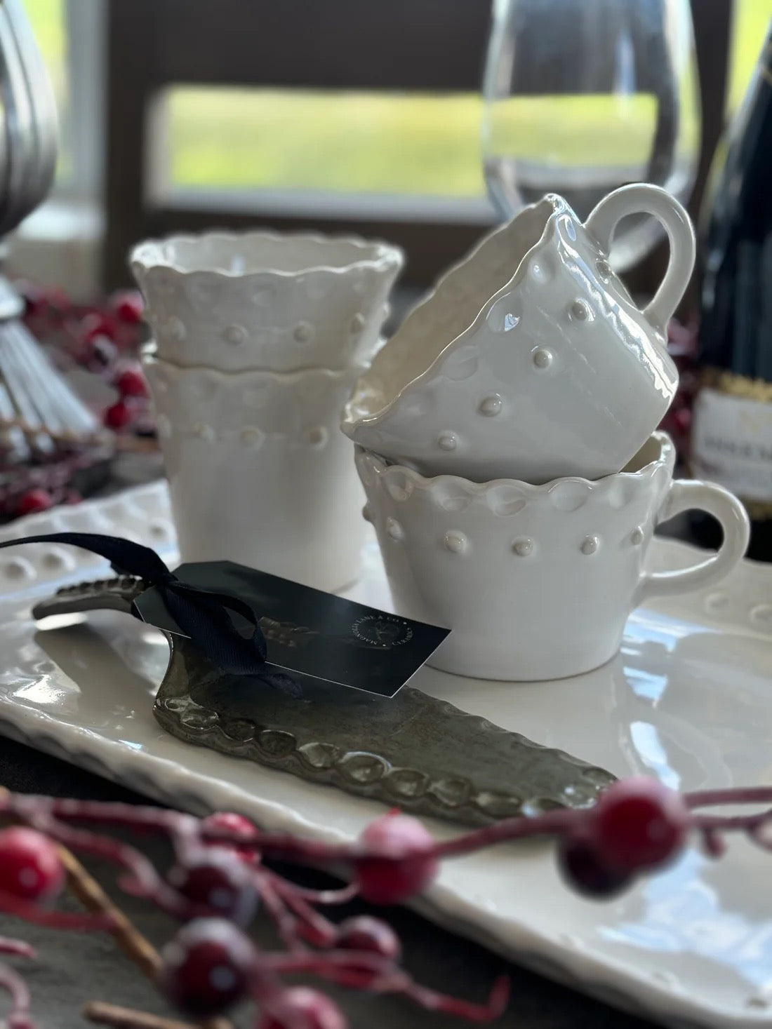 Magnolia Lane -  White Handled Beaded Mug