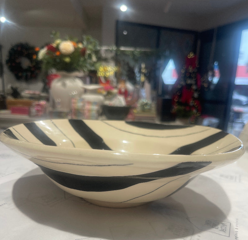 Black Stripe Rustic Salad Footed Bowl