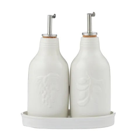 Olio/Aceto S/2 Bottles w/ Tray - White