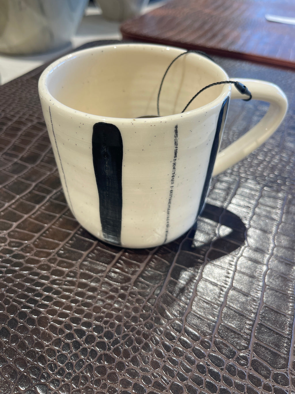 Magnolia Lane & Co Creamy White Handled Mug w/ black stripes
