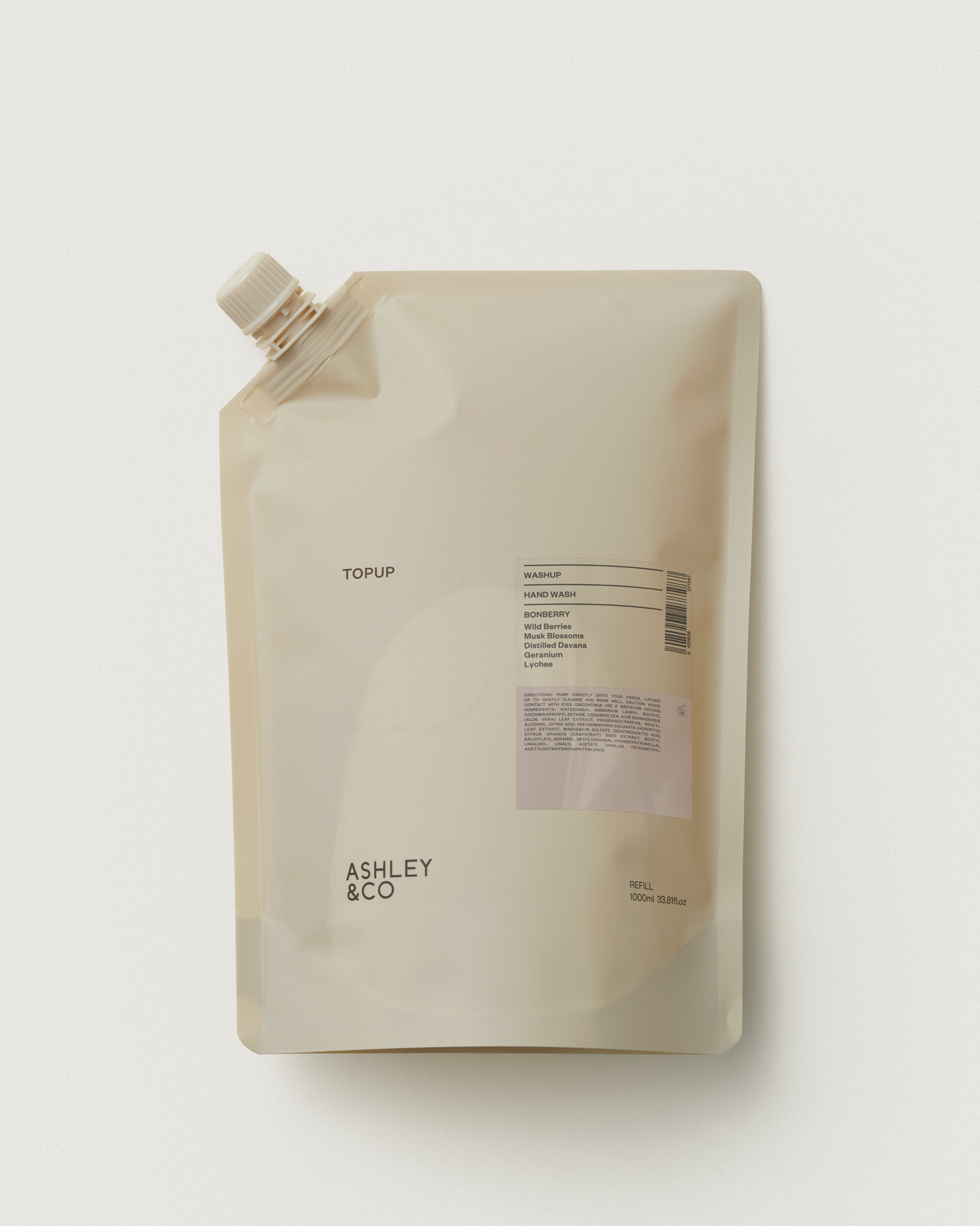Ashley and Co TopUp Washup Hand wash Refill 1 Litre Pouch- Bonberry