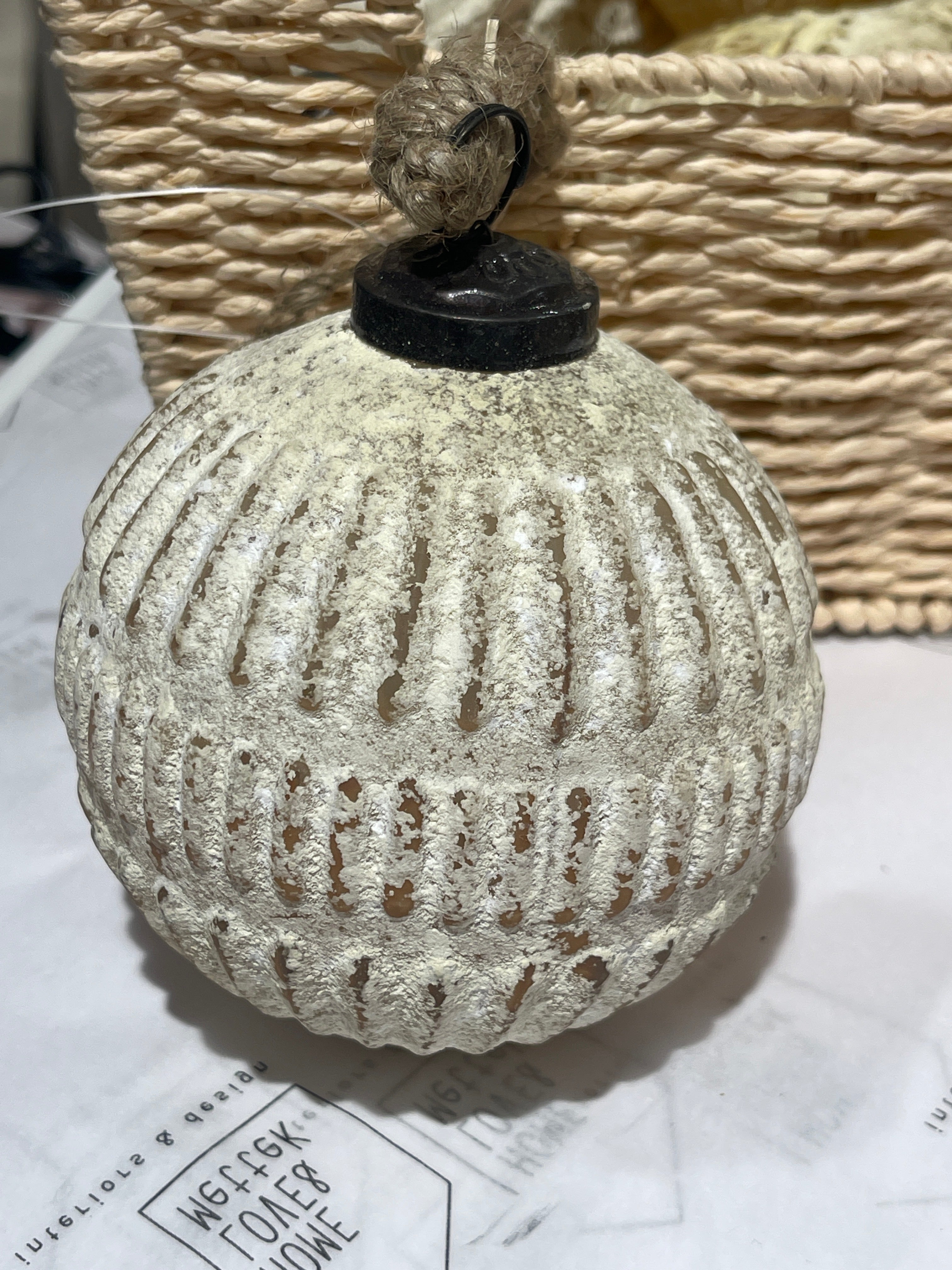 Hanging Glass Bauble Frosted Antique White