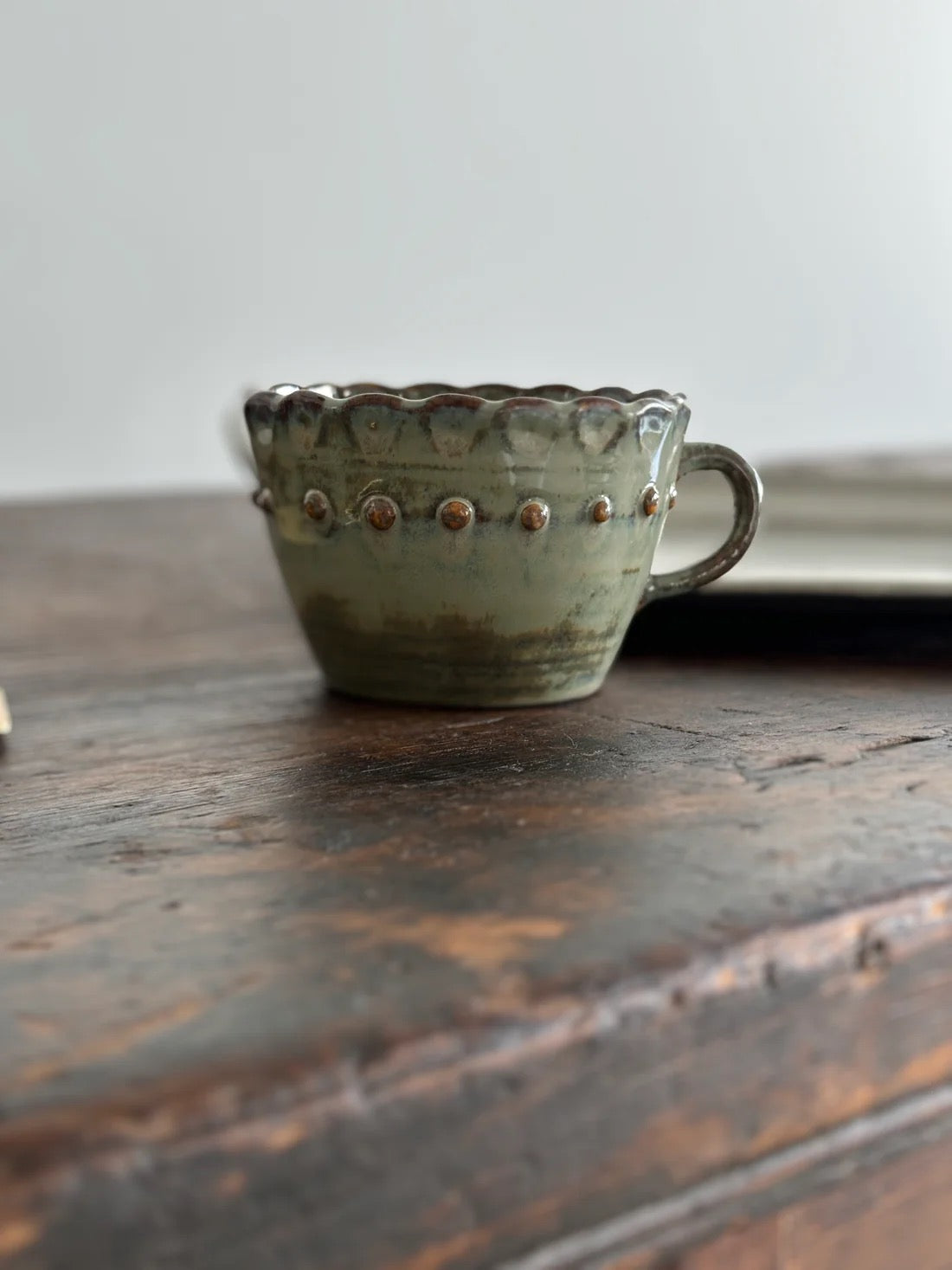Magnolia Lane -  Creamy Green Handled Beaded Ruffle Mug