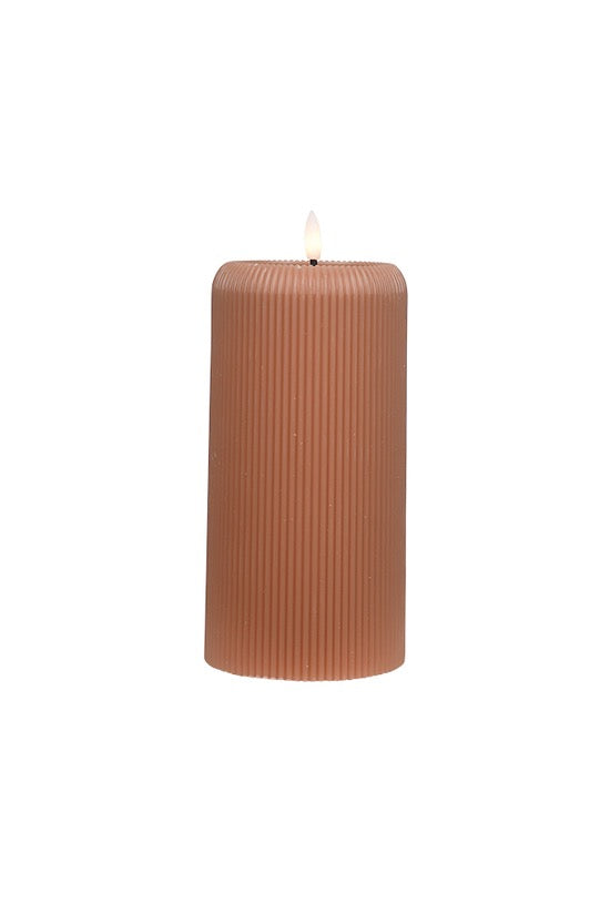 LED Ribbed Pillar Candle - Medium - Lt Brown