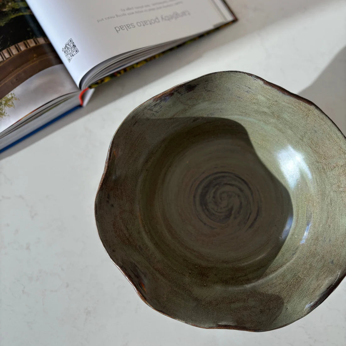 Smokey Green Rustic Wavy Footed Bowl