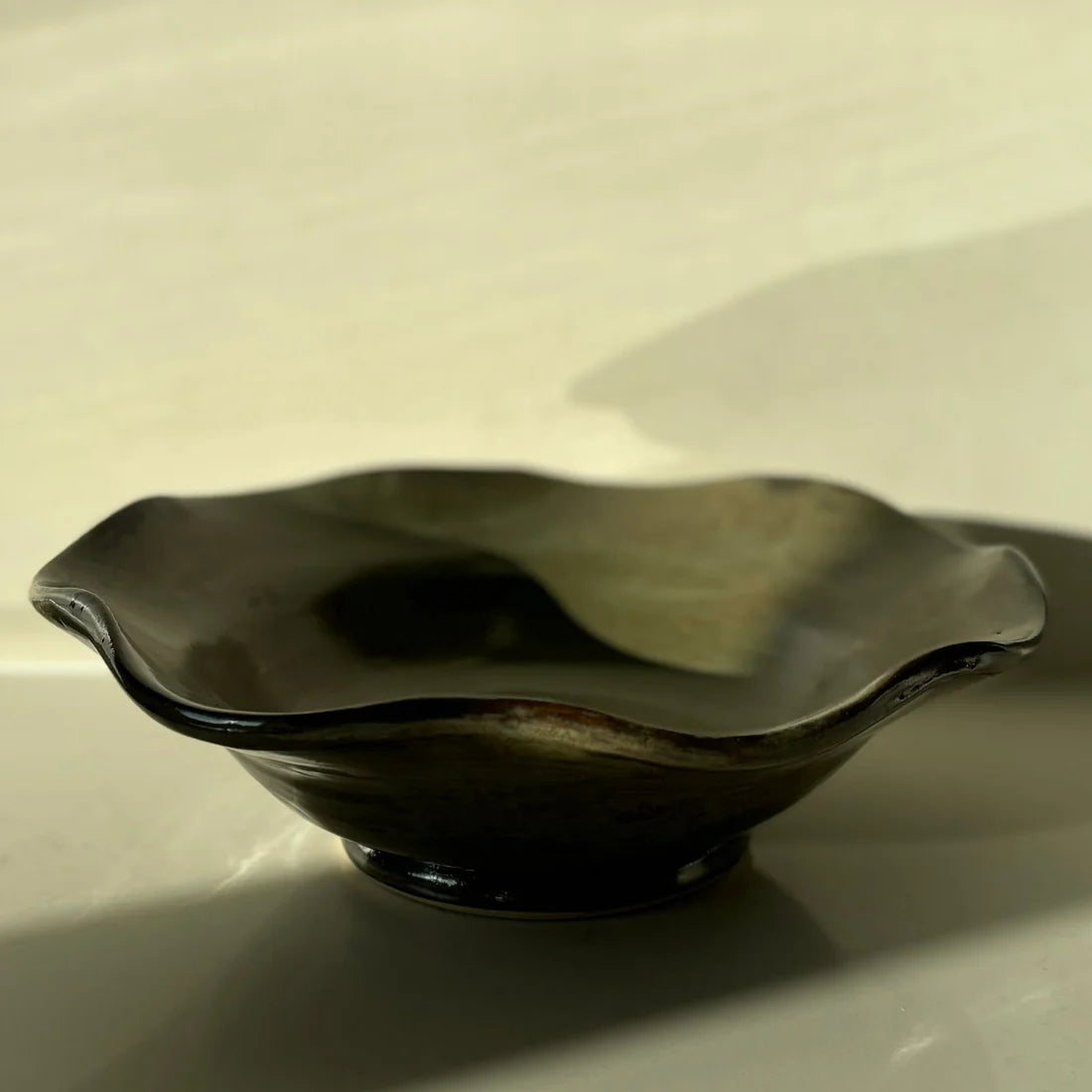 Smokey Green Rustic Wavy Footed Bowl