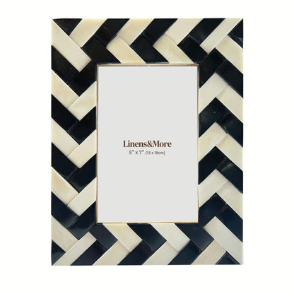 Black and white chevron patterned picture frame with 'Linens&More' branding.