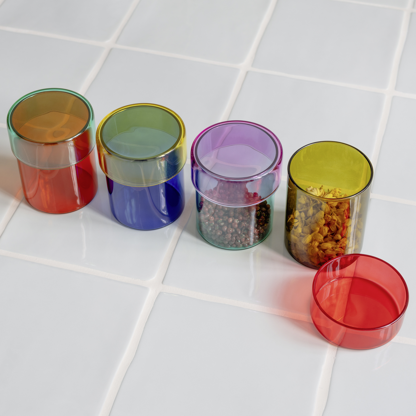 Glass jar set 'Cosima' Teal with Purple Lid