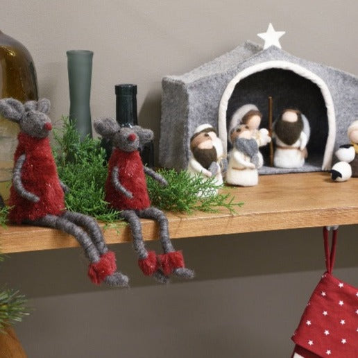 Sitting Felt Mice Grey & Red