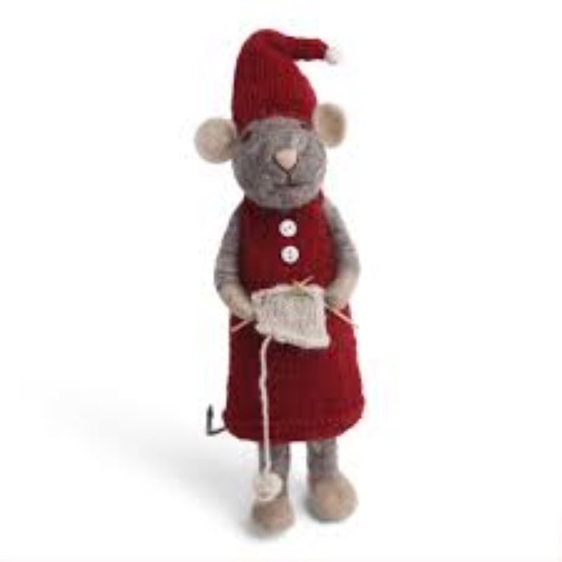 Big Felt Grey Girl Mouse with Knitting