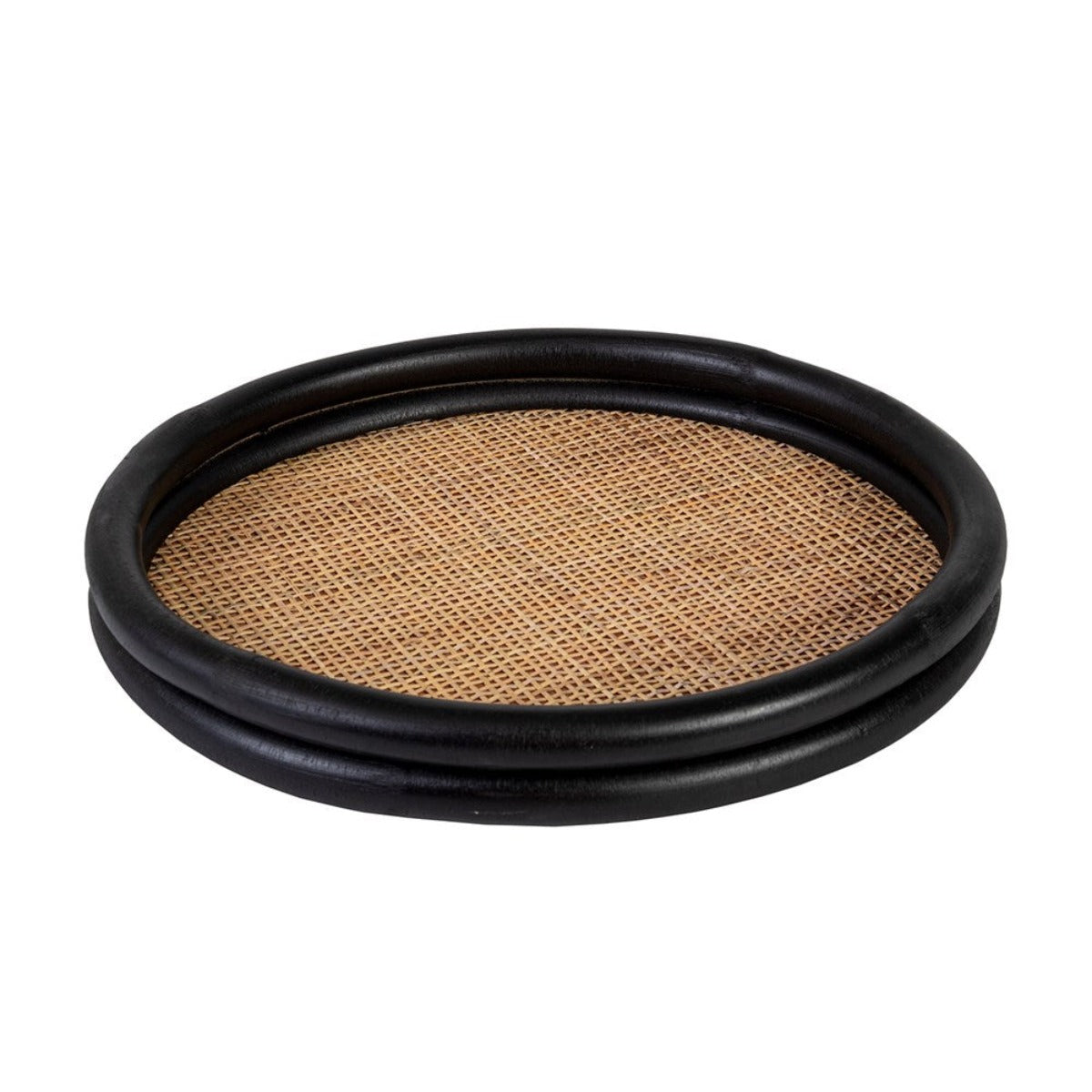 RATTAN TRAY WITH WOVEN BASE 50 X 400MM DIA BLACK/NATURAL